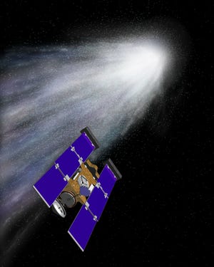 FILE - This file artist rendering of the Stardust spacecraft encountering the bright halo of dust and gas surrounding a shimmering comet released by NASA. After eyeing a comet for the past four years, a NASA spacecraft will finally make its move. The Stardust craft is expected to fly within 125 miles (200 kilometers) of comet Tempel 1 on Valentine's night, Monday, Feb. 14, 2011, snapping pictures of the surface. Tempel 1 was visited by another NASA probe in 2005 when Deep Impact fired a copper bullet into the comet, excavating a crater. (AP Photo/NASA, File)