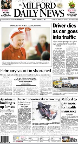 The front page of the 2/15/11 Milford Daily News