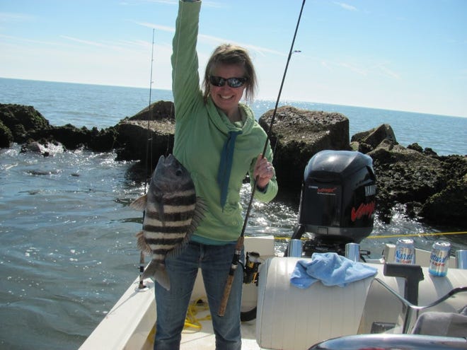 Marci Stevens caught this 7-pound sheepshead recently at the south jetty of the St. Marys Sound.