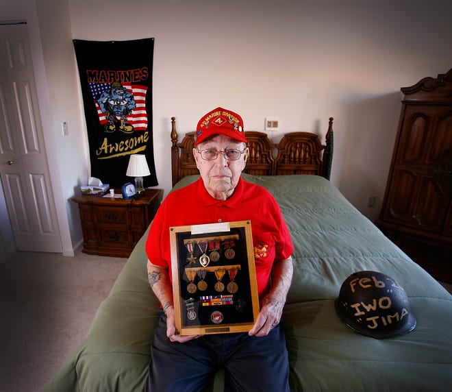 Harlan Jeffery is a proud former Marine. He fought in the battle for Iwo Jima and received two Purple Heart and a Silver Star for his service. He was shot twice, once in the head. At 89, he is one of a handful of Iwo Jima veterans in the state. He lives at Linden Ponds in Hingham.