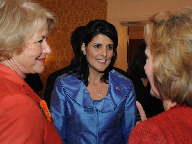 The Palmetto Council of the Boy Scouts of America had their annual Friends of Scouting Luncheon with guest speaker Governor Nikki Haley. Haley, center, talks with Susu Johnson and Kathy Dunleavy before the luncheon begins.