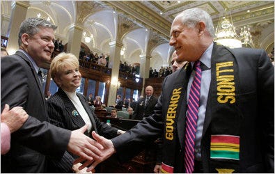 Gov. Pat Quinn of Illinois, right, with the state comptroller, Judy Baar Topinka, and treasurer, Dan Rutherford, before speaking to legislators on Wednesday about the state of the budget.