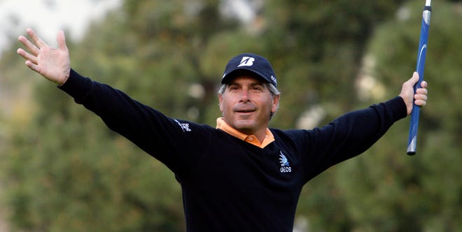 Fred Couples celebrates his nearly 100-foot eagle putt on the first green in the second round of the Northern Trust Open on Friday.