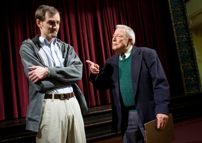 Matthew T. Dearing, left, and Barry Weiss, during rehearsal for "Tuesdays With Morrie" at the Hoogland Center for the Arts.