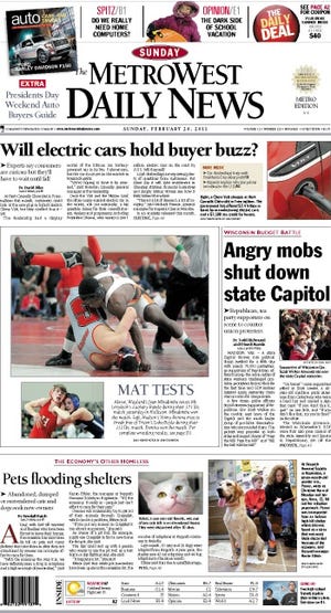 The front page of the MetroWest Daily News for Feb. 20, 2011.