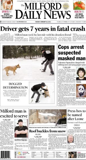 The front page of the 2/22/11 Milford Daily News.