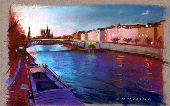 Alpenglow By the Seine, pastel on paper by Walter Cumming