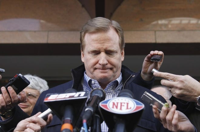 NFL Commissioner Roger Goodell pauses while speaking with the media after football labor negotiations, Friday, March 4, 2011, in Washington. (AP Photo/Alex Brandon)