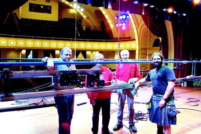Roger Benavides of ZFX Flying Effects (right) in Louisville Kent., works with (from left to right) Dennis Despain, Bobby Lipsey, and Leo Cocciarelli, all of Cheboygan, Thursday at the Cheboygan Opera House. The group is assembling the apparatus which will be used to fly several of the characters in the upcoming production of The Wizard Of Oz. The musical is being staged by Cheboygan High School on March 10-13. The production will feature a live orchestra and is directed by Midge Shaw, assisted by Maxine Curry.