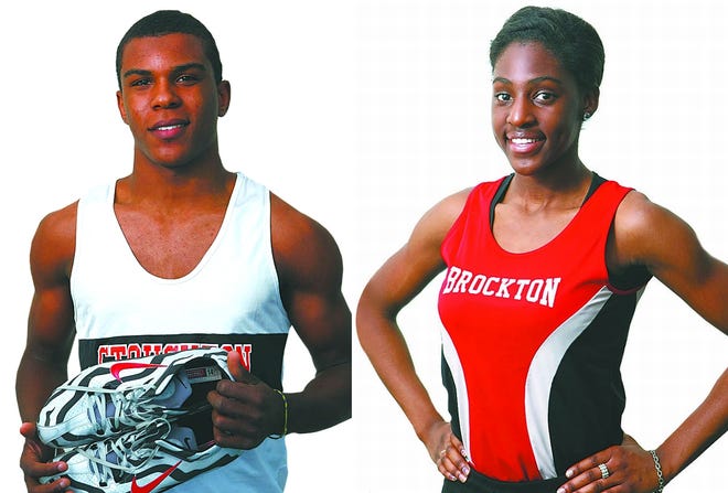Stoughton High's Greg Boursiquot, left, and Brockton High's Vanessa Clerveaux, both won 55-meter high hurdles at the New England indoor track and field championships Friday in Boston.