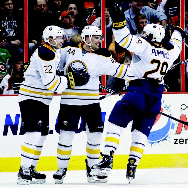 Buffalo Sabres' Brad Boyes (22), Andrej Sekera (44), of Slovakia, and Jason Pominville (29) celebrate after Sekera's goal in the second period of an NHL hockey game against the Philadelphia Flyers, Saturday, March 5, 2011, in Philadelphia. (AP Photo/Matt Slocum)