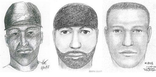 This composite of artists' sketches provided by the Fairfax, Va., County Police Department shows the likeness of a suspect wanted for 12 sexual assaults or attempted sexual assaults between 1997 and 2009 in Maryland, Virginia, Connecticut, and Rhode Island. The sketches were made in 1998, left, in 1999, center, and in 2000, right. An investigator said Wednesday, March 2, 2011, that a campaign to catch a man known as the East Coast Rapist, by using the sketches on electronic billboards and in a website, is generating leads.