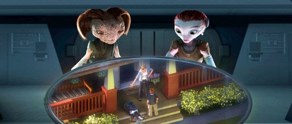 From Mars, The Supervisor (Mindy Sterling), left, and Ki (Elisabeth Harnois) monitor 9-year-old Milo (Seth Green) and his mom (Joan Cusack) in this scene from "Mars Needs Moms." Walt Disney Productions photo
