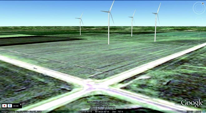 An artist rendering of a portion of the proposed Monarch Wind Farm between Monmouth and Roseville on and near the county farm.