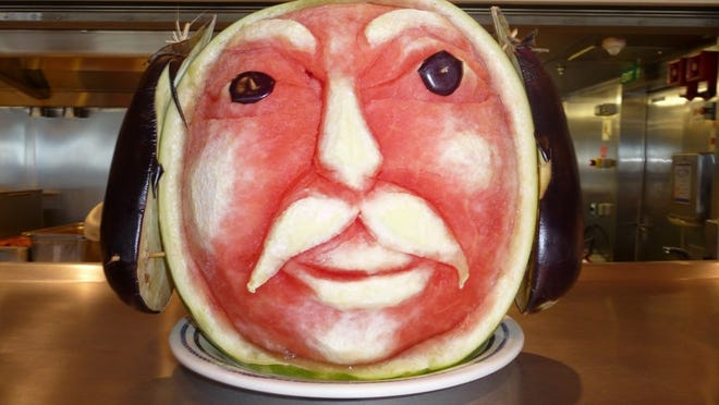 The watermelon art, handiwork of one of the ship's kitchen workers, greeted breakfast buffet diners.
