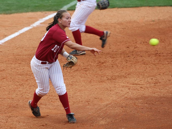 University of Alabama’s Kaila Hunt throws to first base for the out in Sunday’s game against Florida State at Rhoads Stadium. Alabama won, 9-2.