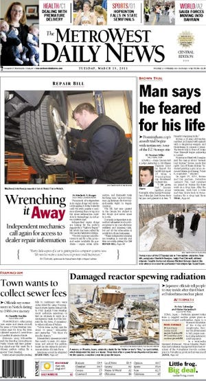 The front page of the 3/15/11 MetroWest Daily News.