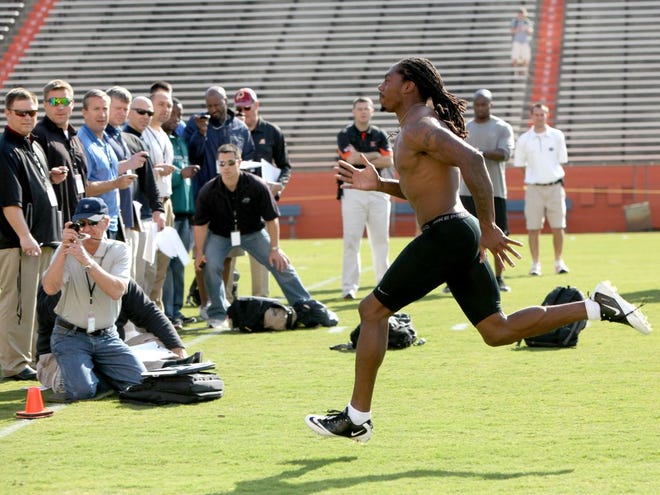 Former Florida safety Will Hill runs the 40-yard dash during the Pro Scout Day at Ben Hill Griffin Stadium on March 15, 2011 in Gainesville Fla.
