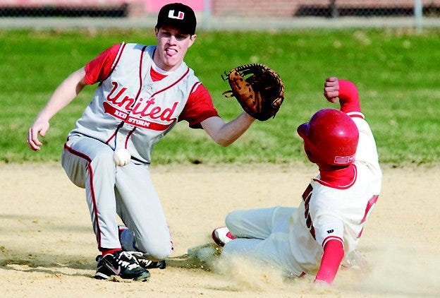 United High School shortstop Alex Gavin,waits for a late throw as Abingdon High School's Brandn Harroun steals second during the third innning of their Monday afternoon game in Alexis.