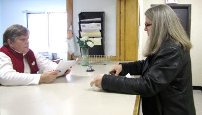 Photo by Phillip Molnar/New Jersey Herald 
 
Mary Ellen Vichiconti, a candidate for Vernon Council, filed a formal objection to the petitions of six candidates for the upcoming election Friday afternoon at the office of Municipal Clerk Sue Nelson.