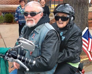 Gert Tyler of Burlington City got an unexpected 90th birthday present March 12 — a ride on a Harley-Davidson motorcycle from family friend Jim Stinson of Morrisville, Pa. The two rode through Bordentown City to the First Baptist Church of Bordentown on Prince Street.