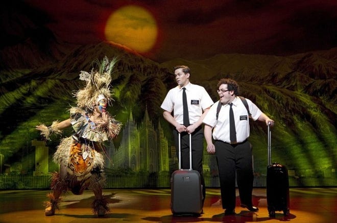 Rema Webb, Andrew Rannells and Josh Gad star in "The Book of Mormon," now playing on Broadway.
