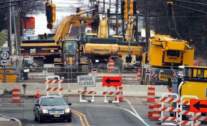 Looking towards Maple Shade from Moorestown, the bridge over Route 73 is blocked due to construction of the overpass bridge. Route 537 (Camden Avenue) in Moorestown becomes Main Street as it passes through Maple Shade. The bridge won't be open again for many weeks.