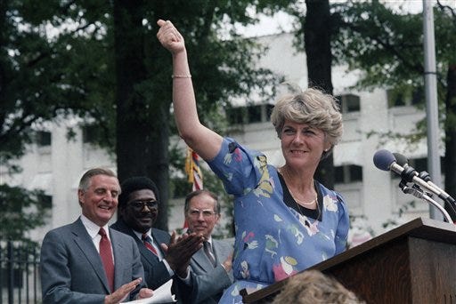 In this Aug. 1, 1984, file picture, Democratic Vice Presidential candidate Geraldine Ferraro gives the thumbs-up sign to a crowd of supporters in downtown Jackson, Miss. as Walter Mondale and Ferraro kicked off their 1984 campaign in this Southern city.