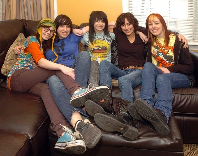 Members of the all-girl band, Short Lived Affair, (from left) Rachel Vistacion,16, Monica Kelly, 17, Taylor Coigne, 17, Kristen Valenti, 17, and Kaitlyn Young, 17, all live in Evesham.