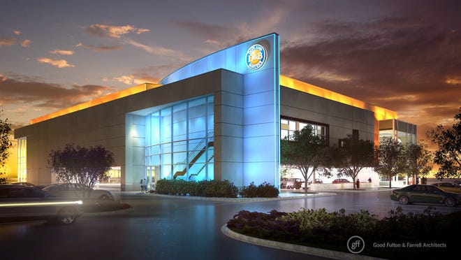 A rendering of the proposed Dave and Buster's at the location of the former Dodge Dealership, 90 Middlesex Turnpike, Burlington