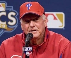 FILE - Philadelphia Phillies manager Charlie Manuel when asked about his teamÕs lineup during a pre-game press conference on Monday evening said, ÒI donÕt think our lineup is stagnant by any means. You can go ask Kuroda.Ó In game 3 of the NLCS in Philadelphia on Sunday night, Dodgers pitcher Hiroki Kuroda lasted less than 2 innings and gave up 6 hits after pitching to 10 Phillies batters. 

- BILL FRASER / STAFF PHOTOGRAPHER