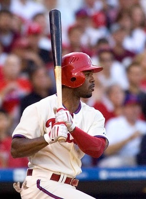 FILE PHOTO - Philadelphia Phillies beat the L.A. Dodgers 8-5 during NLCS game 2 at Citizens Bank Park on Friday. Jimmy Rollins with a double in the 2nd inning.