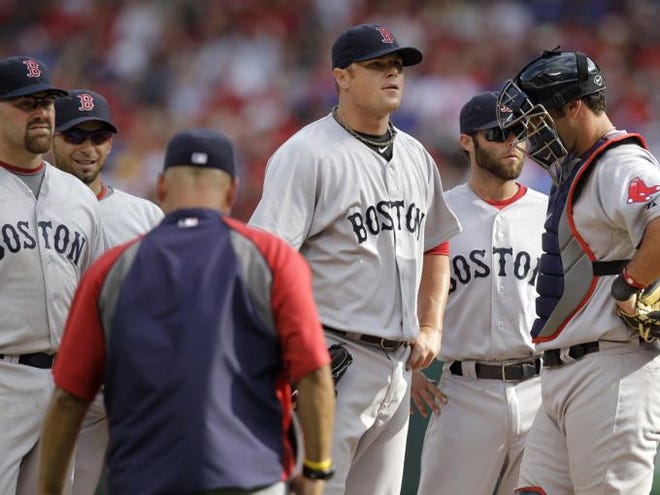 Boston Red Sox's Jon Lester, center, stands surrounded by teammates as he waits to be pulled by manager Terry Francona, left front, in the sixth inning against the Texas Rangers Friday. The Rangers won 9-5.
