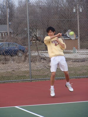 Sam Park returns the ball during practice. Park pushed Calen Crim to seven games on March 29 before losing, 7-5, 6-2.