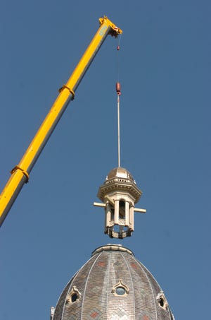 The Middleboro Town Hall cupola was removed on Thursday.