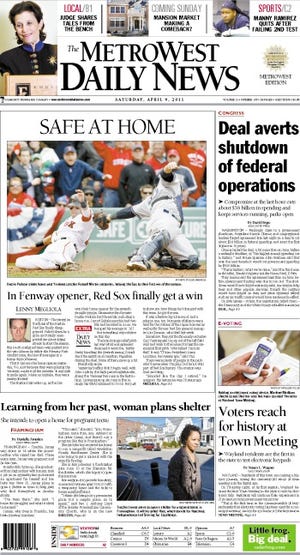 The front page of the 4/9/11 MetroWest Daily News.