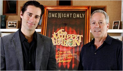 Some people forget that the Muppets “were never designed as children's entertainment,” says Todd Lieberman, left, a producer, with David Hoberman.