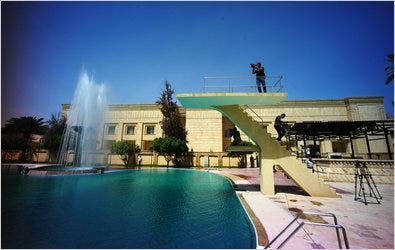 Journalists filmed from the diving board of Saddam Hussein's old Republican Palace in Baghdad during a tour on Monday.