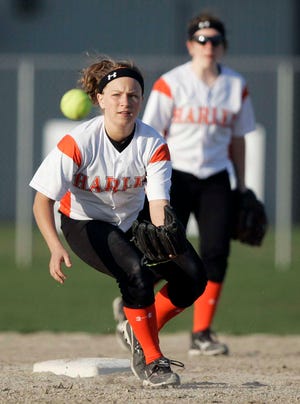 Harlem junior Micah Clutter waits on a throw at second base during a softball game against Hononegah on Monday, April 11, 2011, at the Harlem Community Center Sports Complex in Loves Park.