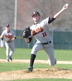 Oliver Ames pitcher Ryan O'Shea, delivers a pitch during the game on Thursday, April, 14,2011.
