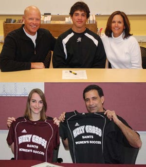 At top, Holland Christian baseball player Peter Cupery, center, has signed to play at Trinity Christian (Ill.) College next season. At his side are his parents, Doug and Hendrina Cupery.
Below, Black River's Leah Trattles shows the soccer jersey of the college she'll play for next season — Holy Cross (Ind.).