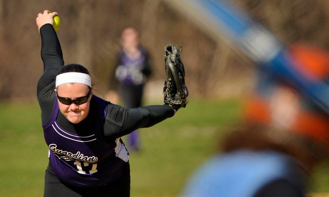 St. Peter-Marian's Bridget Lemire pitches against Holy Name in the fourth inning.