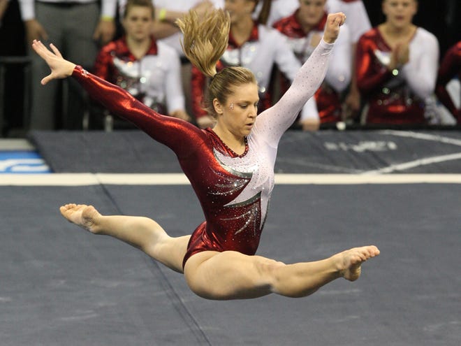 Alabama’s Geralen Stack-Eaton performs on floor during Friday’s evening session at the NCAA Championships. Stack-Eaton scored a 9.925.