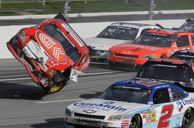 Mike Wallace catches air entering Turn 3 during the NASCAR Nationwide series Aaron's 312 race on Saturday at Talladega Superspeedway in Alabama.
