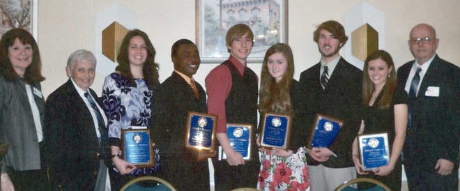 Special to the Closeup Savannah Elks Lodge 183 held its Scholarship Awards Banquet Feb. 8 in which three young men and three young women were awarded scholarship funding. Students honored were Amber Monroe, Gerald Sheppard, Aric Whiddon, Veronica Fay, Austin Freeman and Ashley Anderson. The first-place boy and girl got $600 each, second-place boy and girl got $500 each and third-place boy and girl got $400 each. From left are Sahron Sand, guest speaker for the Elks; Anne Mueller, Past Exalted Ruler; Amber Monroe, Gerald Sheppard, Aric Whiddon, Veronica Fay, Austin Freeman, Ashley Anderson, and Scholarship Chairman John Nelson.