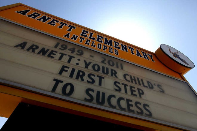 The school sign at Arnett Elementary shows the years that will prove to be the life of the school. The Lubbock Independent School District board voted Tuesday to close Arnett along with Tubbs Elementary and Alderson Middle School and consolidate them with other schools.