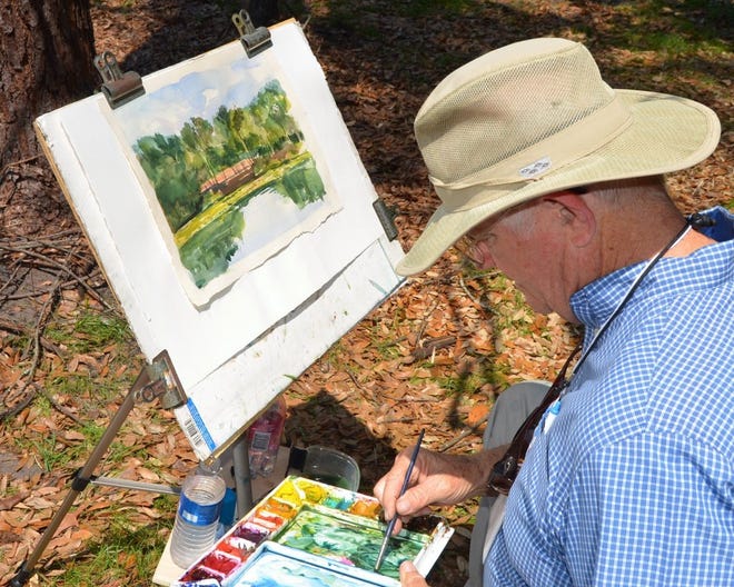 Artists at the "En Plein Air" event include Mark Howard of Atlantic Beach, who painted a landscape scene amid the landscape of the Jacksonville Arboretum & Gardens.