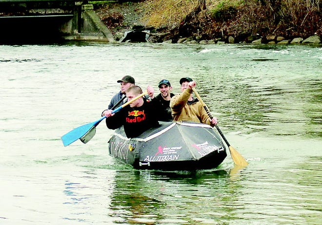 On Monday, the crew of the Blackout raft: Chris DeBrock, of Pearl Street in Canandaigua, Jaden Miller, of Route 21 S. in Canandaigua, Jim Gagne Jr., of N. Main Street in Rushville and Andrew DeBrock of S. main Street in Manchester, put into the Outlet at the Steamboat Landing in Canandaigua for the raft's ninth run in preparation for the Wild Water Derby.