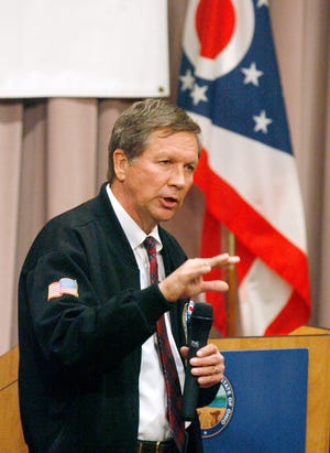 Gov. John Kasich appeared at Stark State College Thursday, April 21, 2011, to discuss his budget proposal and cited the college as a model for the rest of the state.