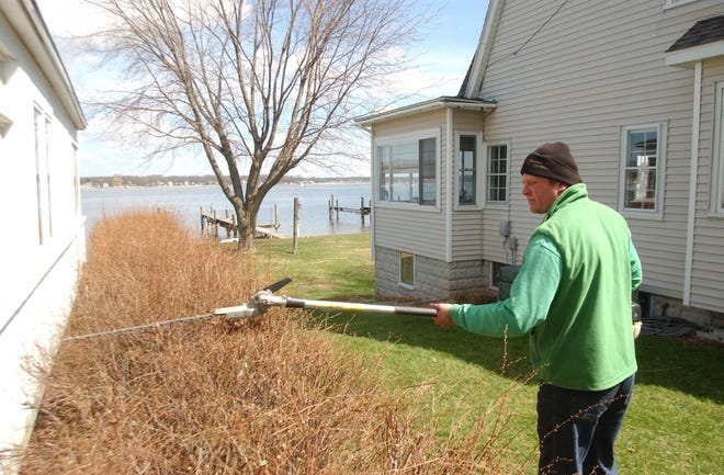 Aaron Klein of Four Seasons Cottage & Home Service LLC. trims bushes around a house off of Lakeshore Drive.
